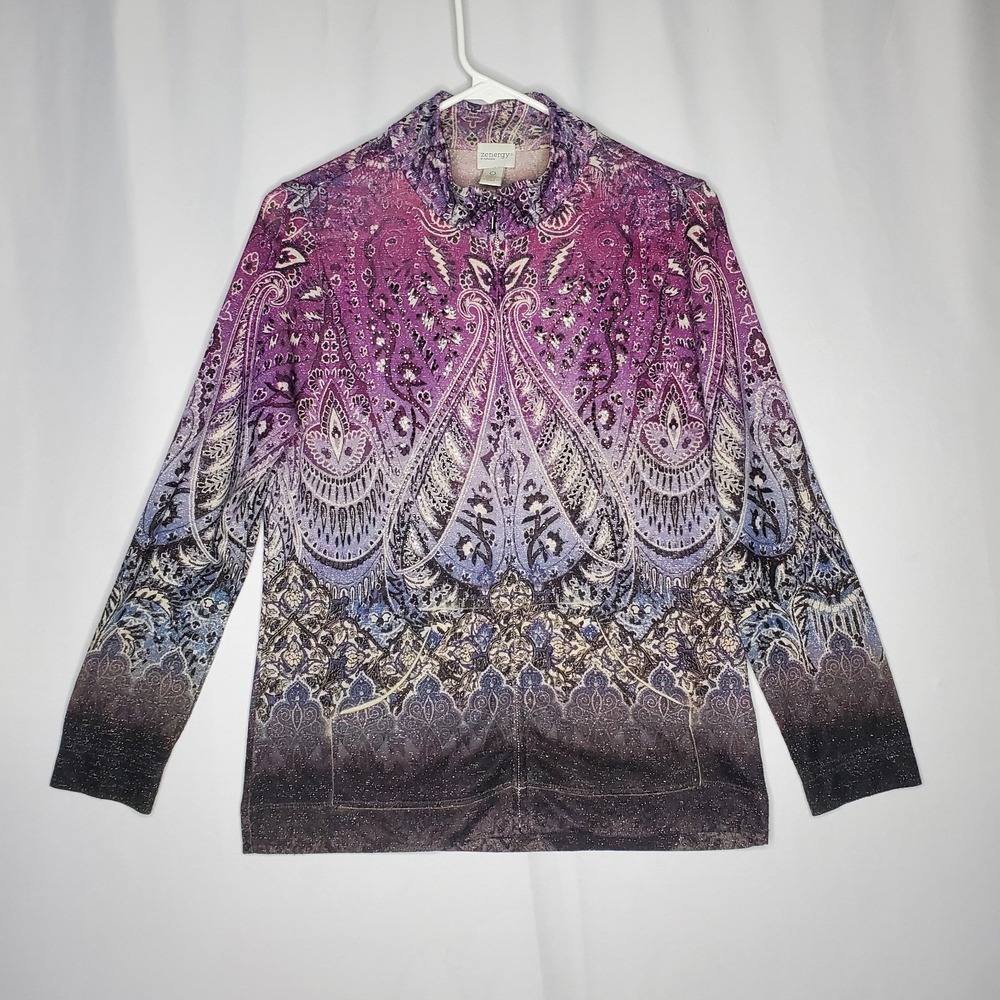 Chicos Cardigan Mock Zip Women Small Purple Paisley Shimmer Fairy Grunge Y2K 00s